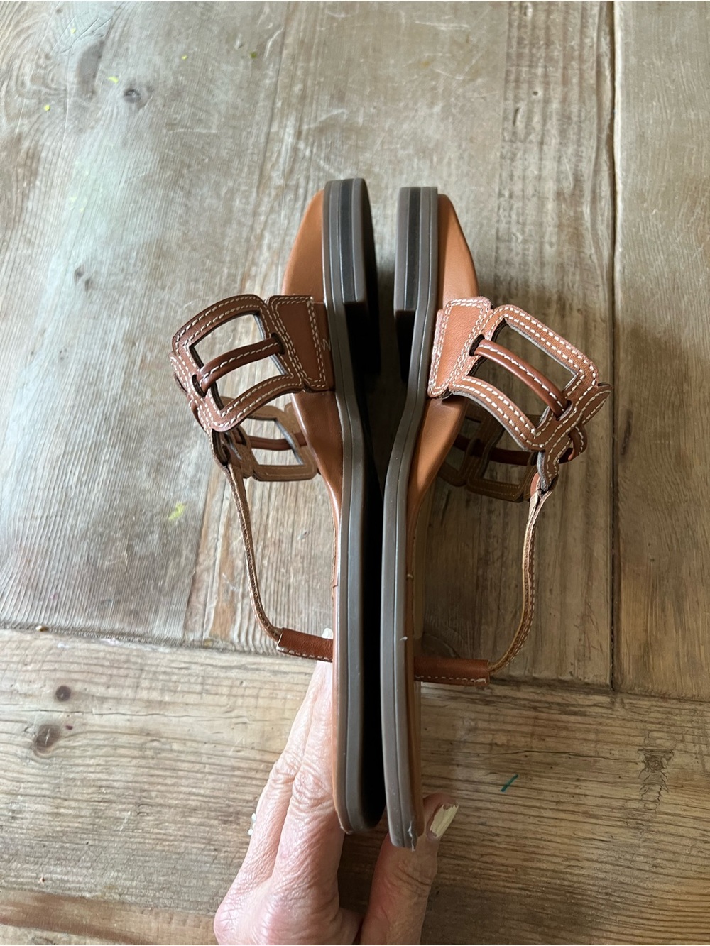 Vionic Tan Brown T-Strap Leather Slide Sandals - Picture 6 of 11